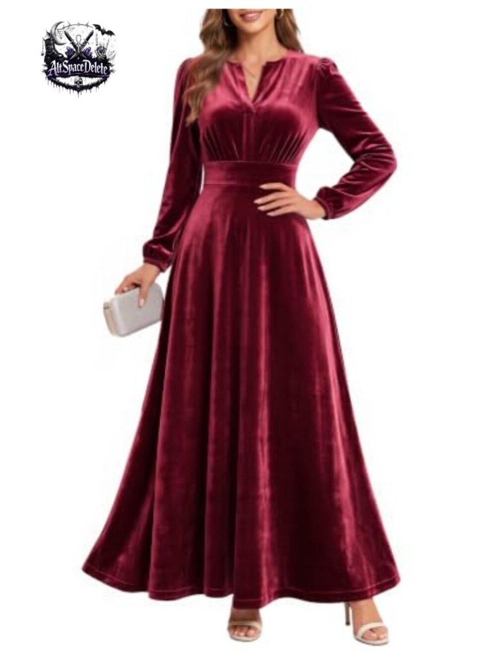 Velvet Maxi Dress V Neck Long Sleeve Empire Waist Formal Wedding Guest